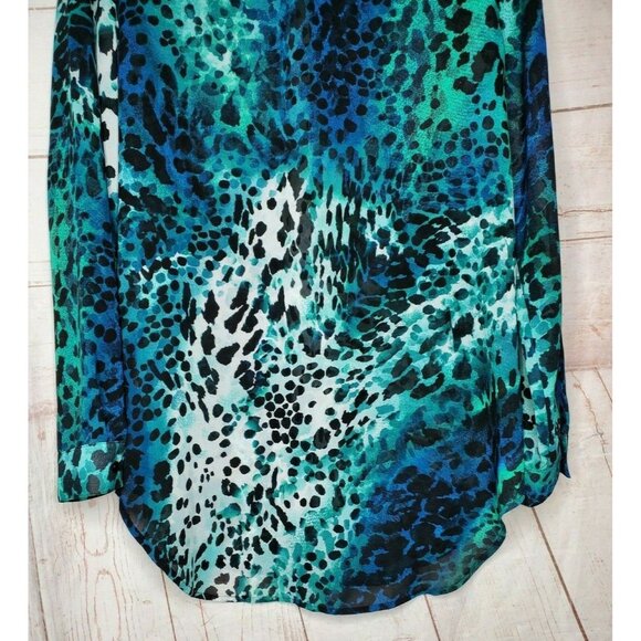 Rare Chico's Aqua Green Leopard Design Faux Diamond Rhinestone Button Up Shirt - Picture 7 of 12